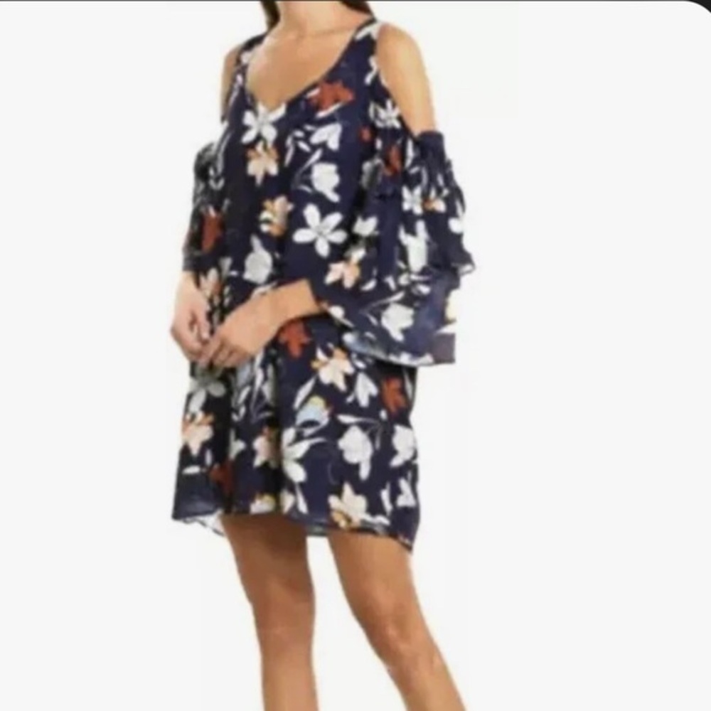 PARKER MOONDANCE FLORAL COLD SHOULDER VNECK RUFFLE NAVY WHITE PRINT DRESS S